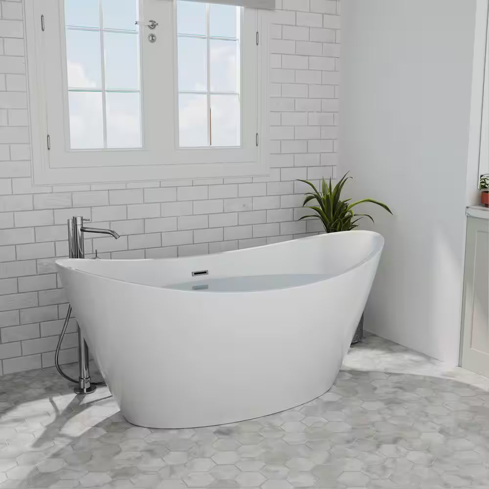 59 In. Acrylic Flatbottom Hourglass Freestanding Soaking Bathtub in White with Brushed Nickel Overflow and Drain