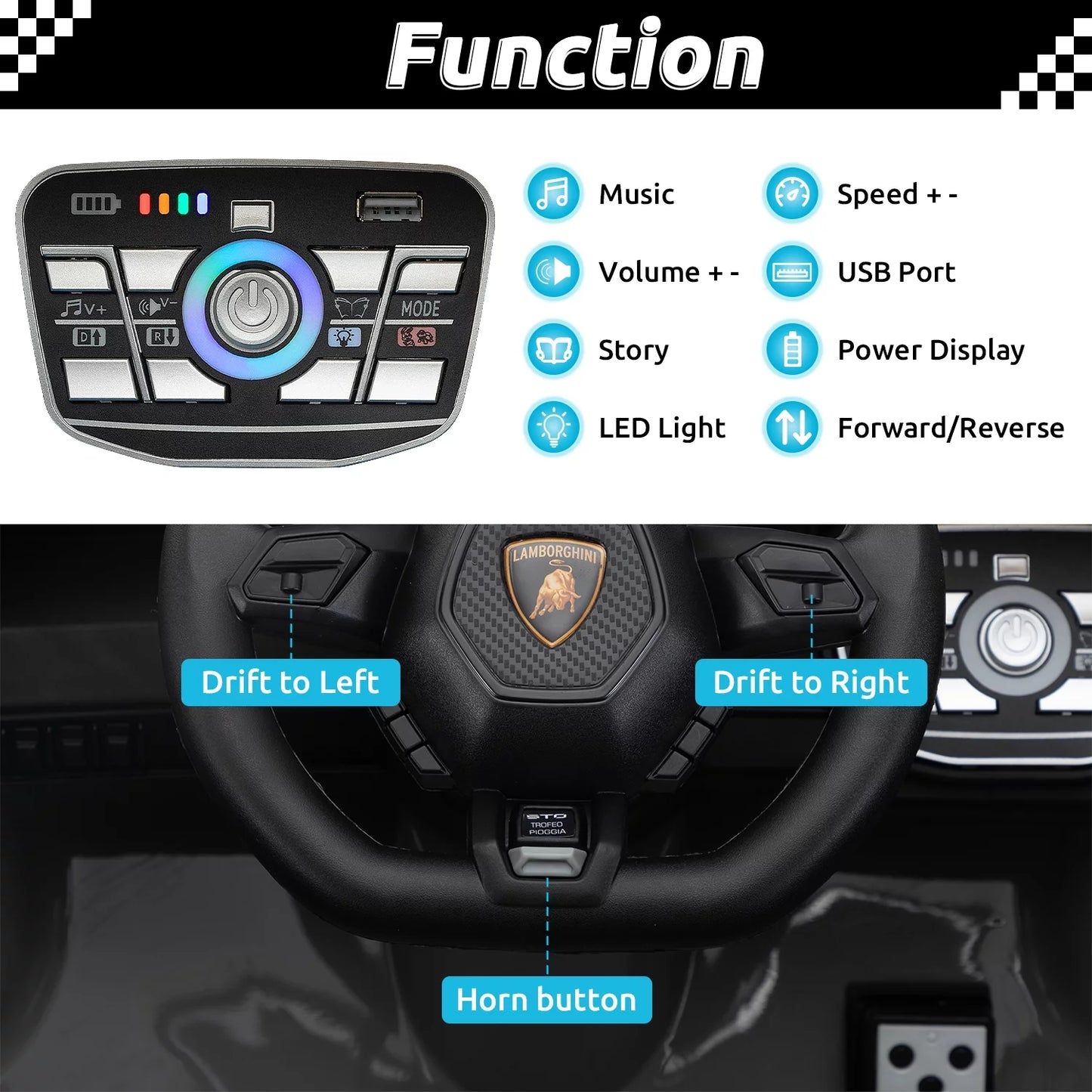 24V Kids Ride on Car, Licensed Lamborghini STO Electric Car for Boys Girls, 2-Seater Ride on Drift Car with Remote Control, Music, 360° Spin, Max Speed 6Mph, Green