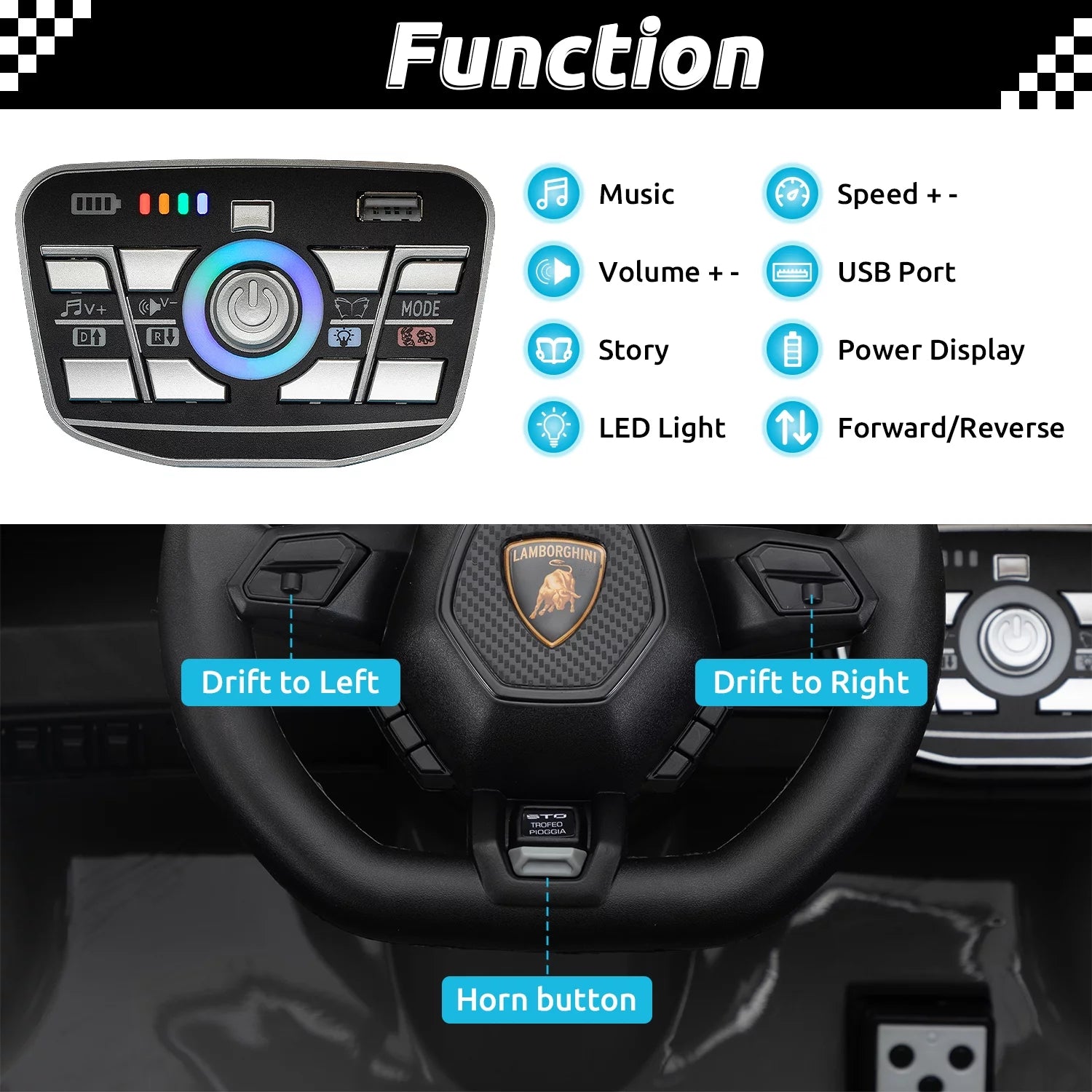 24V Kids Ride on Car, Licensed Lamborghini STO Electric Car for Boys Girls, 2-Seater Ride on Drift Car with Remote Control, Music, 360° Spin, Max Speed 6Mph, Green