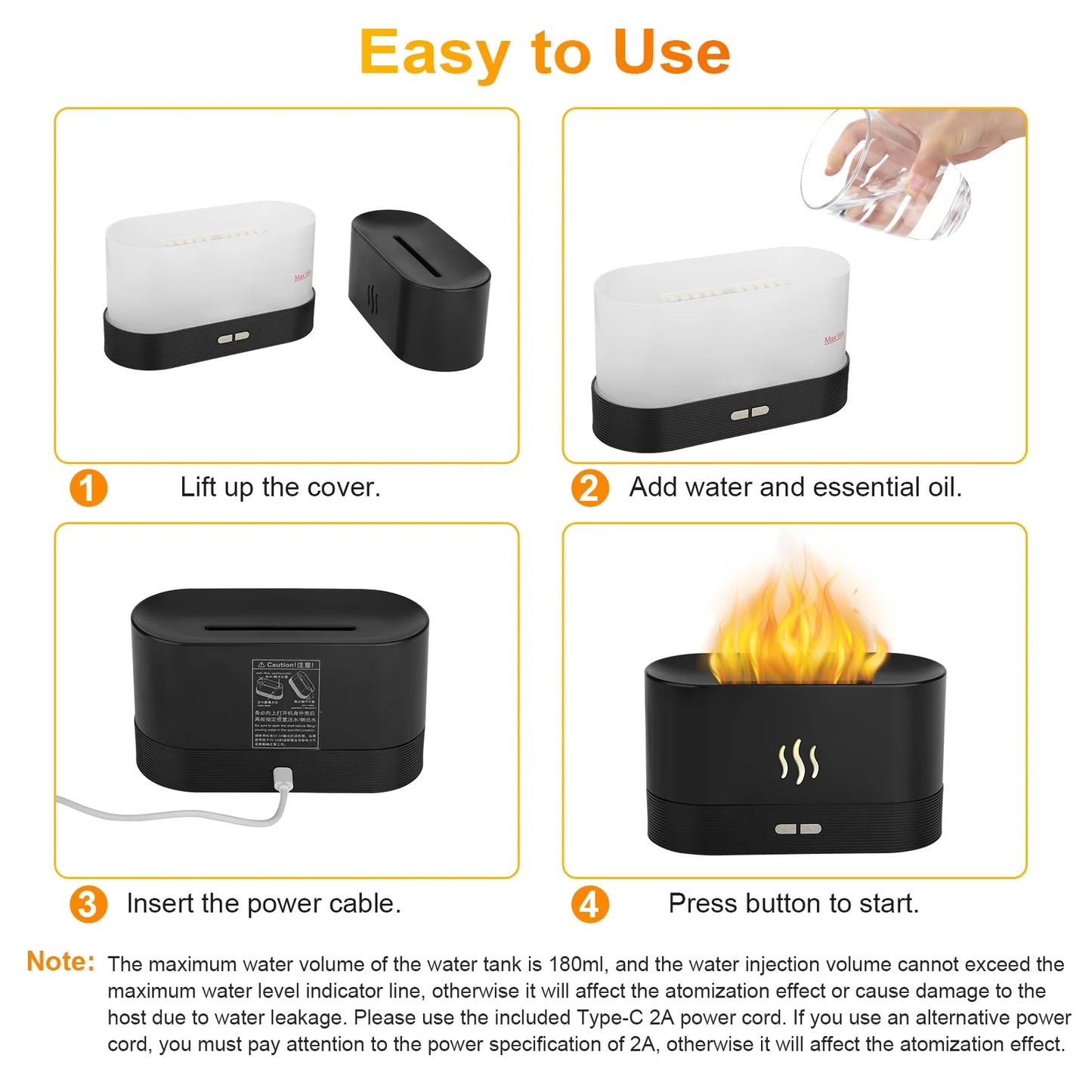 180Ml Air Diffuse Essential Oil Humidifier, Aroma Mist Diffuser with Fire 7 Color Change LED Light for Office Room