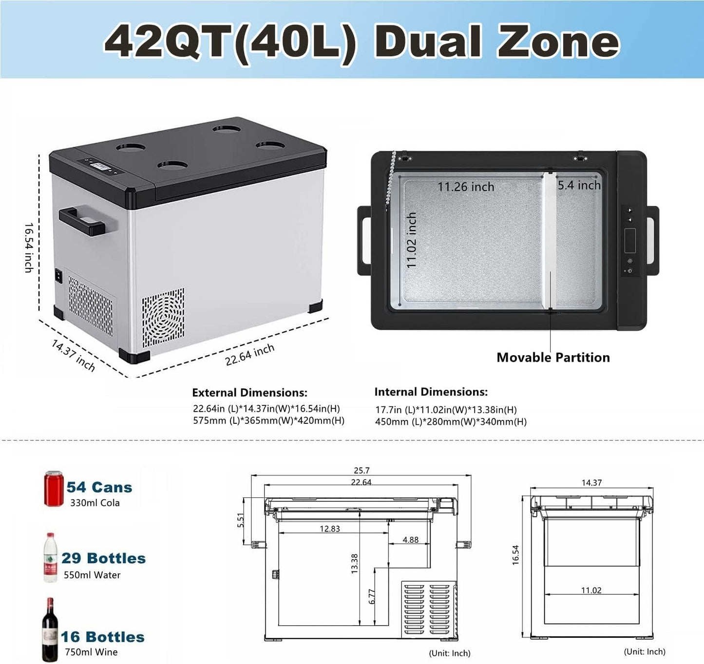 Portable Refrigerator 42Qt, Dual Zone 12V Car Refrigerator, Carbon Steel Shell Car Freezer, Compressor Cooler for Car Truck Vehicle RV Boat Outdoor & Home Use(-4℉-68℉)