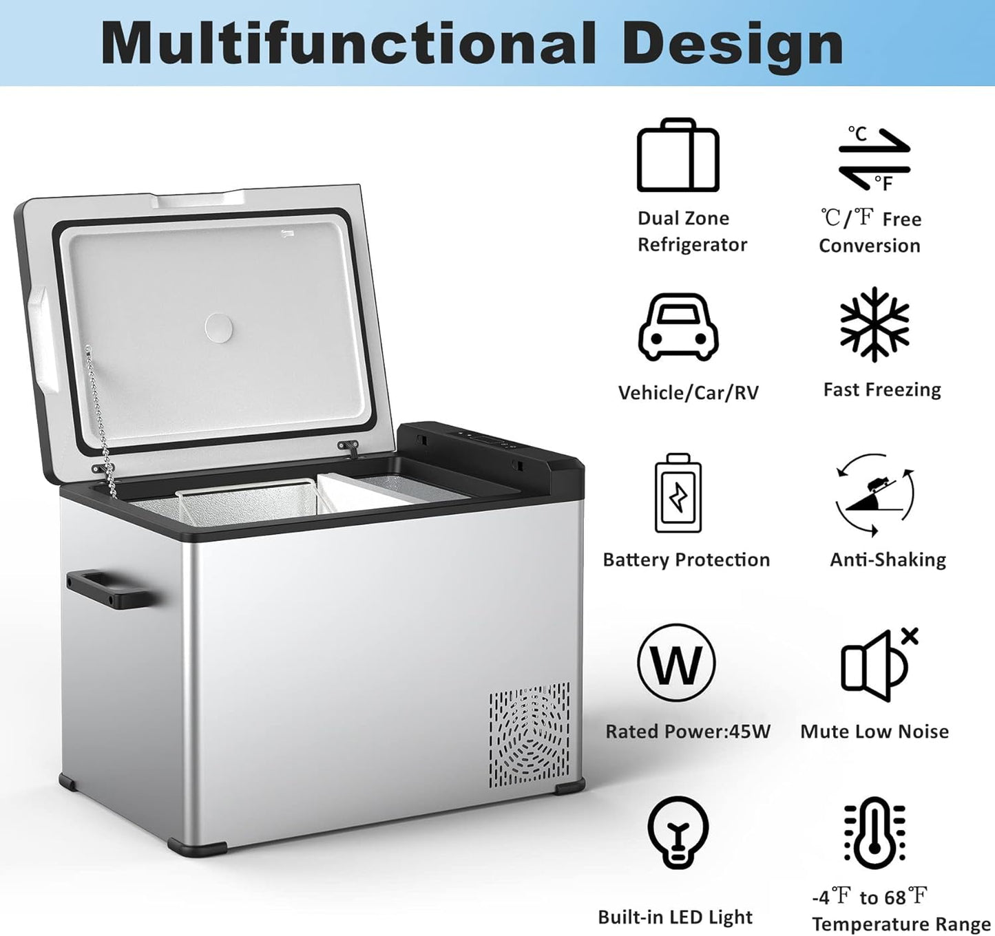 Portable Refrigerator 42Qt, Dual Zone 12V Car Refrigerator, Carbon Steel Shell Car Freezer, Compressor Cooler for Car Truck Vehicle RV Boat Outdoor & Home Use(-4℉-68℉)