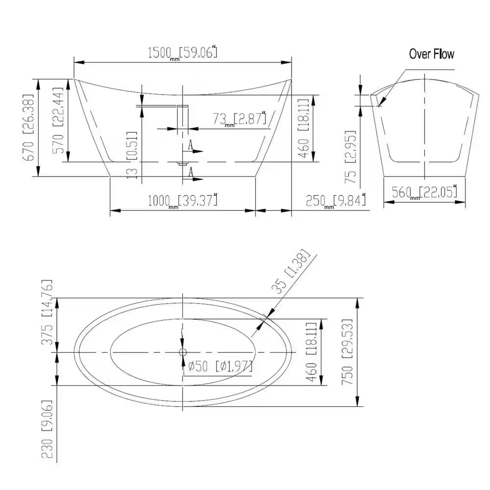 59 In. Acrylic Flatbottom Hourglass Freestanding Soaking Bathtub in White with Brushed Nickel Overflow and Drain