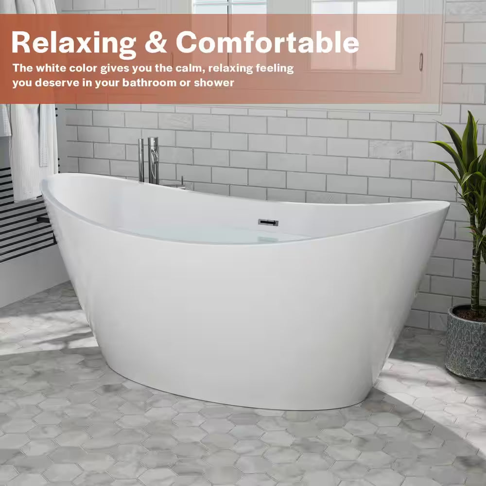 59 In. Acrylic Flatbottom Hourglass Freestanding Soaking Bathtub in White with Brushed Nickel Overflow and Drain
