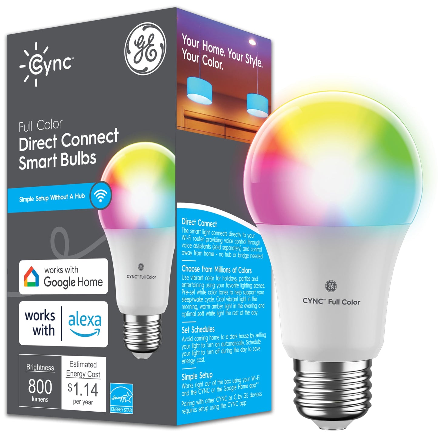 GE Cync Smart LED Light Bulb, 60 Watt, Color Changing, A19 Bulb, Medium Base