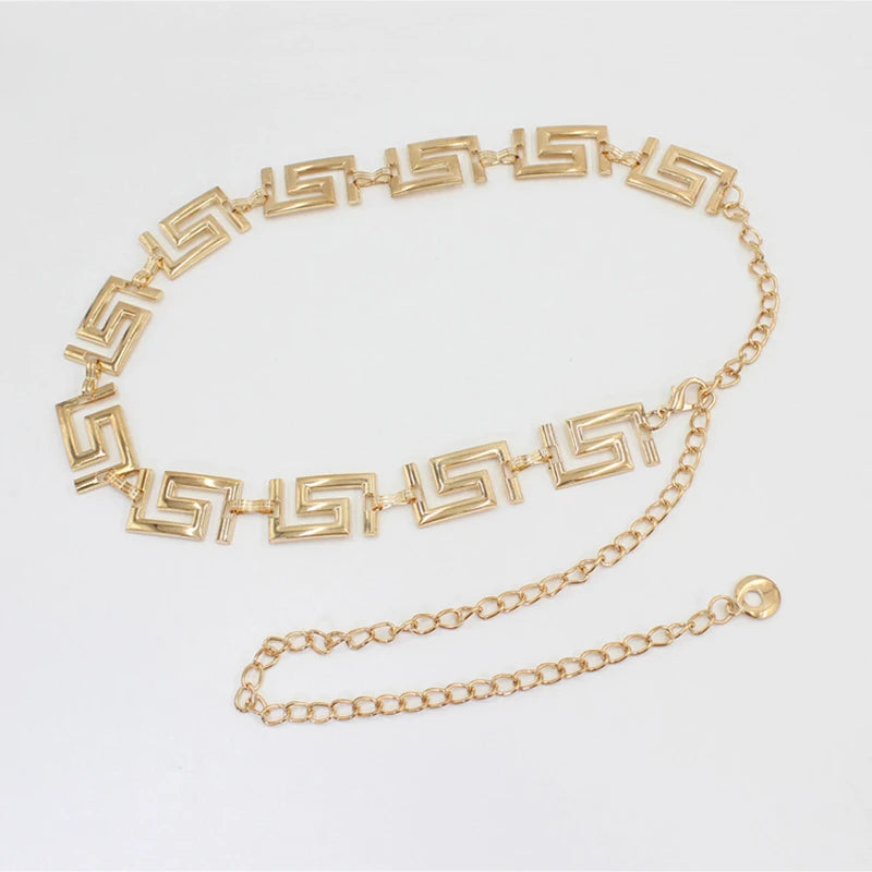 Women's Greek Key Lion Head Chain Belt – Luxurious Metal Waist Belt