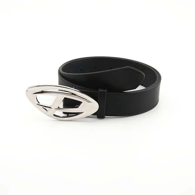 Women's Genuine Leather Belt with Modern Geometric Buckle - Y2K