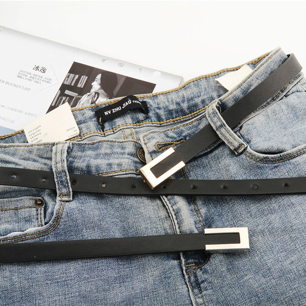 Women's Slim Leather Belt with Modern Rectangular Buckle - Waist Strap