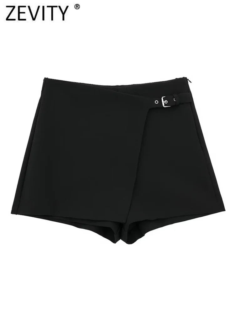 Women's Asymmetrical Skort with Belt – High-Waisted Mini Wrap Skirt