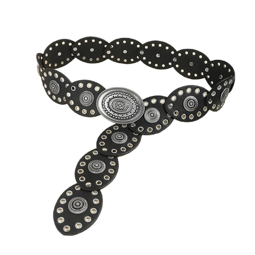 Women's Boho Circular Grommet Belt with Engraved Medallion Buckle