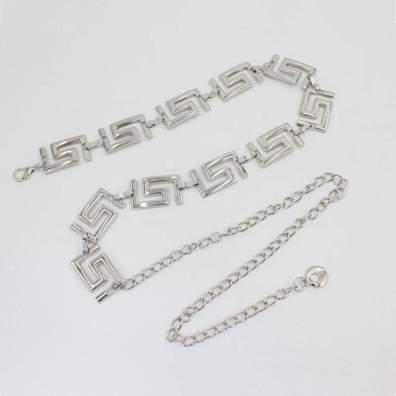 Women's Greek Key Lion Head Chain Belt – Luxurious Metal Waist Belt