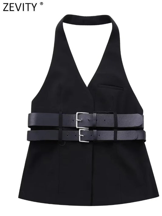 Women's Halter Neck Vest with Double Belt Accent Top