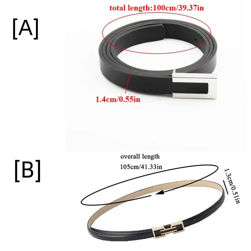 Women's Slim Leather Belt with Modern Rectangular Buckle - Waist Strap