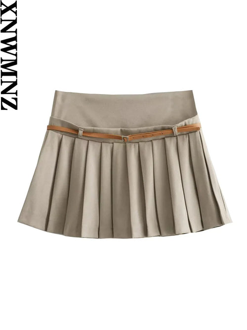 Women's Pleated Mini Skirt with Thin Belt - Schoolgirl-Inspired Style