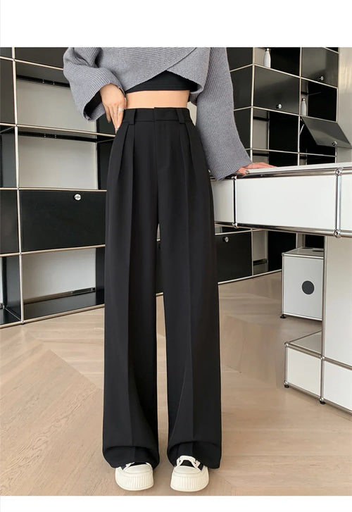 Women's High-Waisted Wide-Leg Pleated Trousers with Belt