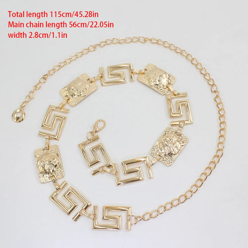 Women's Greek Key Lion Head Chain Belt – Luxurious Metal Waist Belt
