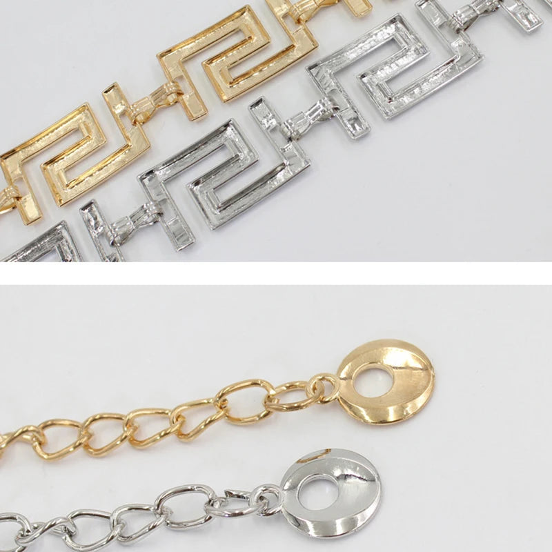 Women's Greek Key Lion Head Chain Belt – Luxurious Metal Waist Belt