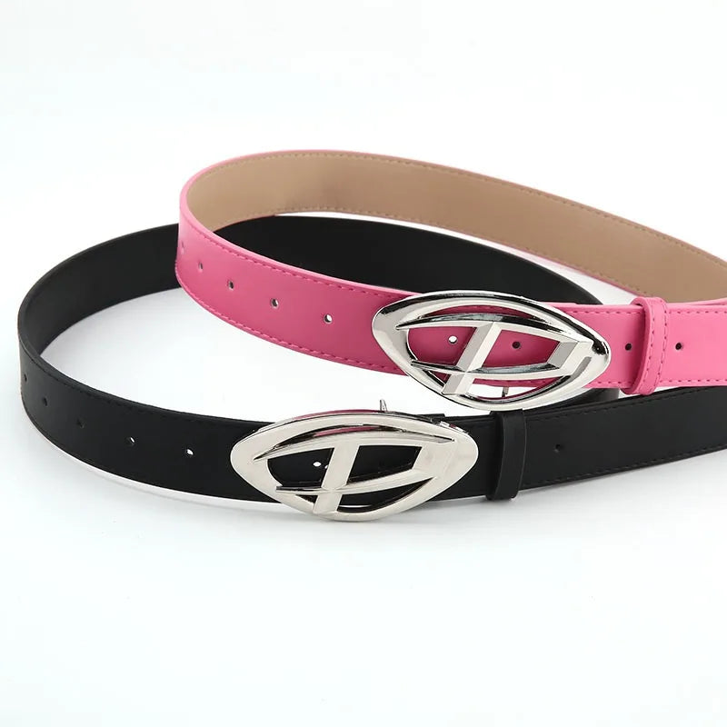 Women's Genuine Leather Belt with Modern Geometric Buckle - Y2K