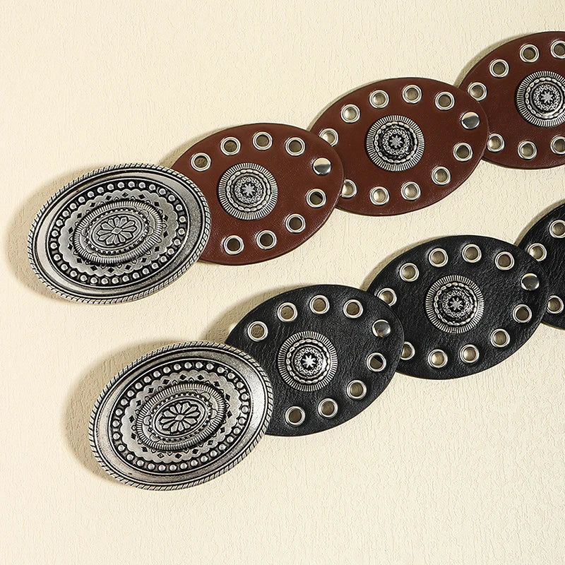 Women's Boho Circular Grommet Belt with Engraved Medallion Buckle