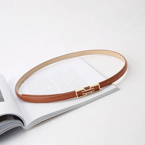 Women's Slim Leather Belt with Modern Rectangular Buckle - Waist Strap