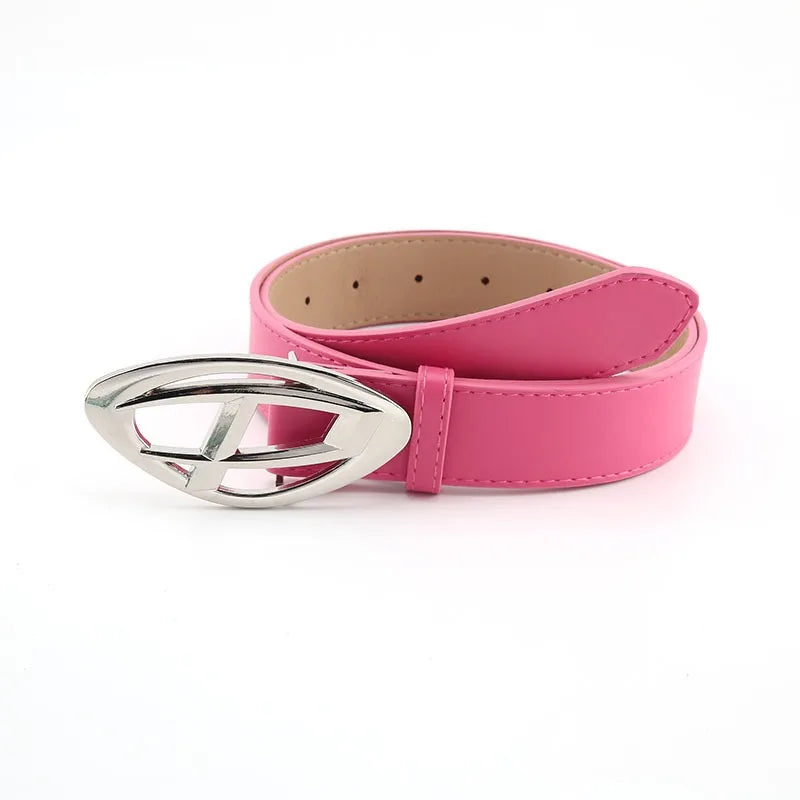 Women's Genuine Leather Belt with Modern Geometric Buckle - Y2K
