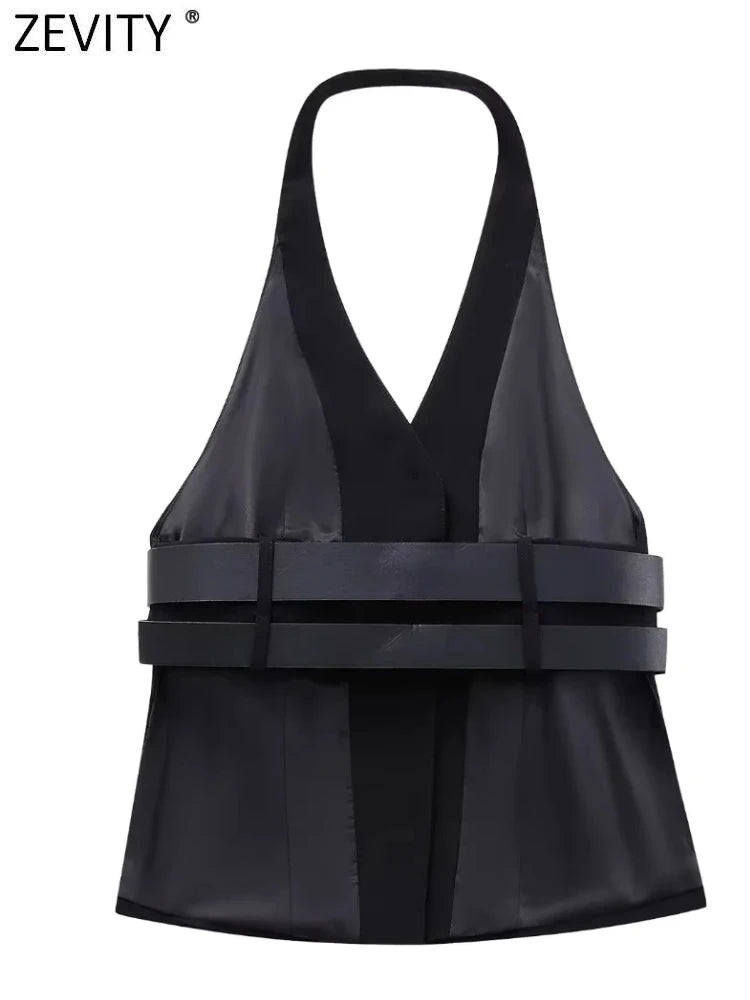 Women's Halter Neck Vest with Double Belt Accent Top