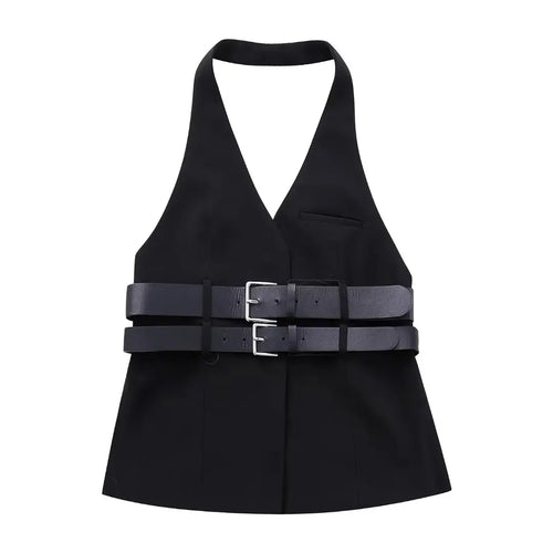 Women's Halter Neck Vest with Double Belt Accent Top