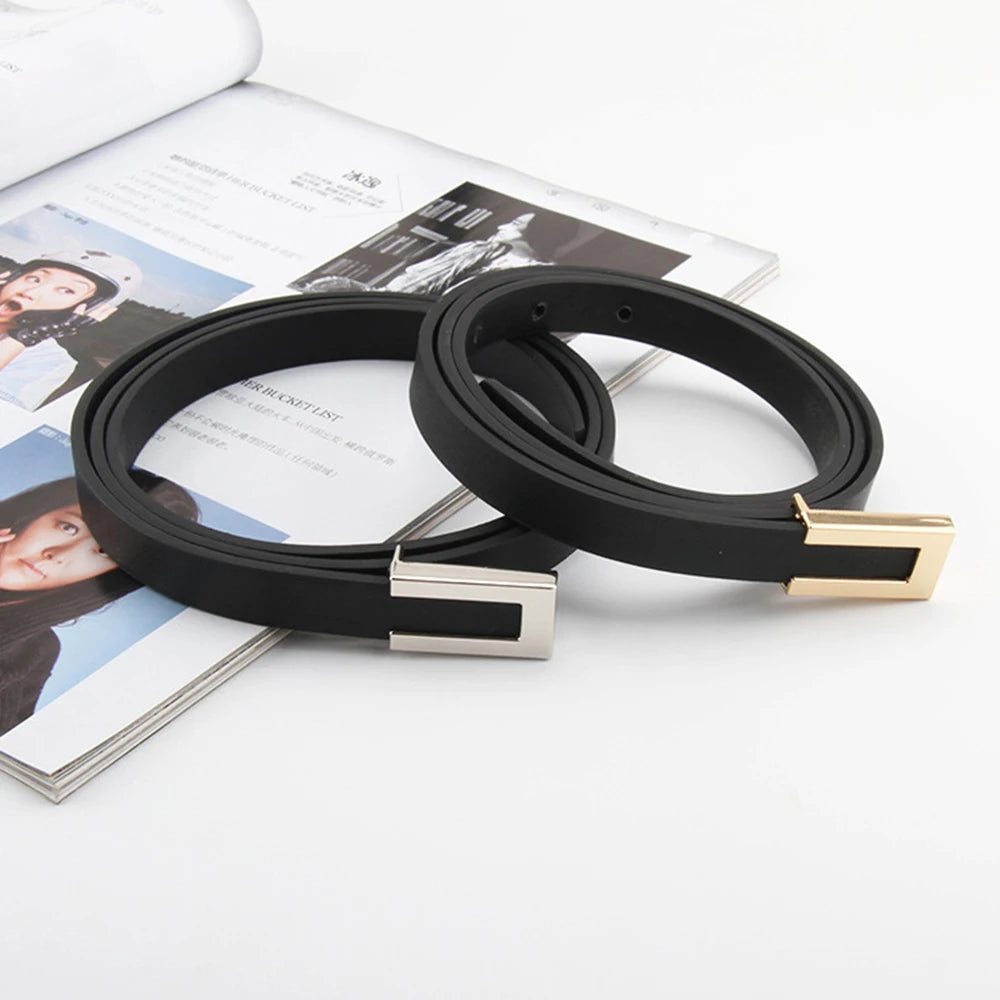 Women's Slim Leather Belt with Modern Rectangular Buckle - Waist Strap
