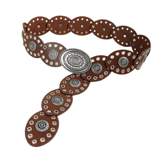 Women's Boho Circular Grommet Belt with Engraved Medallion Buckle