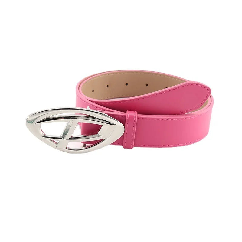 Women's Genuine Leather Belt with Modern Geometric Buckle - Y2K