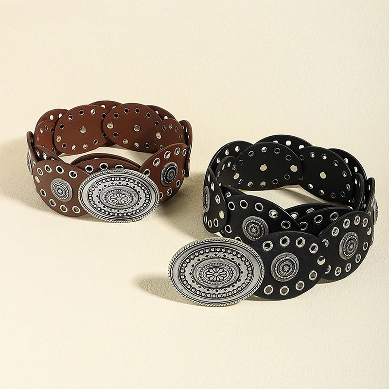 Women's Boho Circular Grommet Belt with Engraved Medallion Buckle