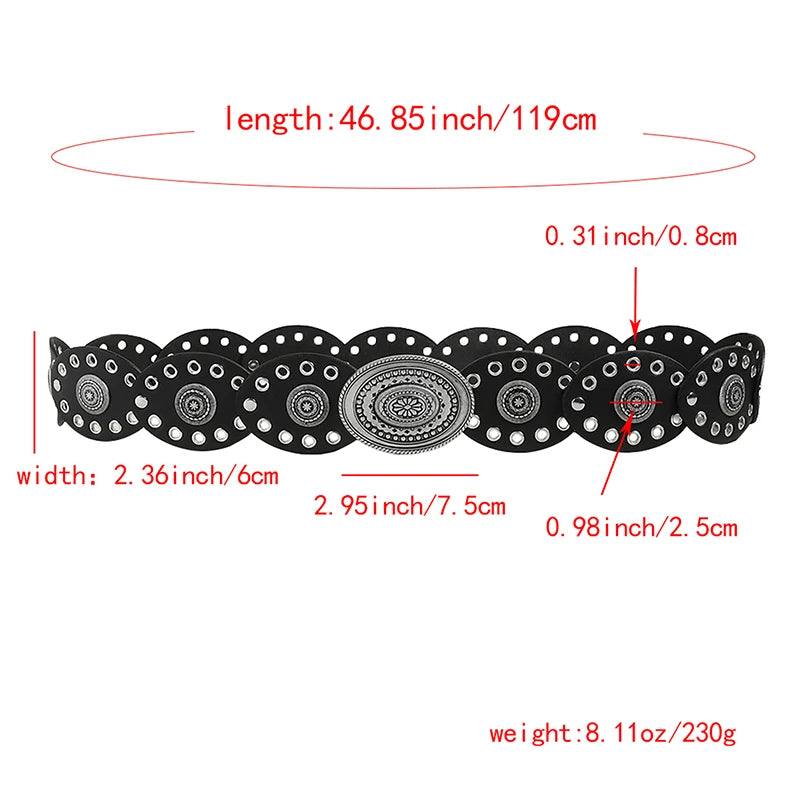 Women's Boho Circular Grommet Belt with Engraved Medallion Buckle