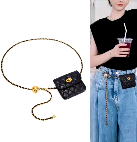 Trendy Chain Belt with Mini Quilted Bag – Adjustable Gold and Black Waist Accessory