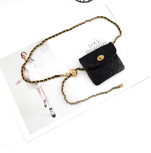 Trendy Chain Belt with Mini Quilted Bag – Adjustable Gold and Black Waist Accessory