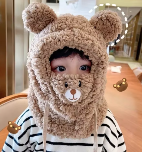 Adorable Teddy Bear Hooded Scarf for Kids – Warm Fleece Hat with Ear Design