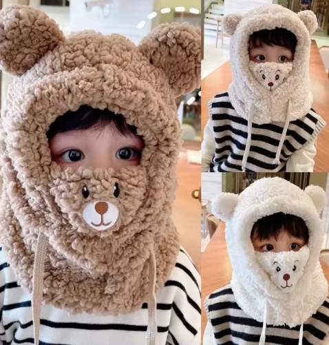 Adorable Teddy Bear Hooded Scarf for Kids – Warm Fleece Hat with Ear Design