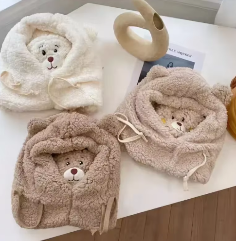 Adorable Teddy Bear Hooded Scarf for Kids – Warm Fleece Hat with Ear Design