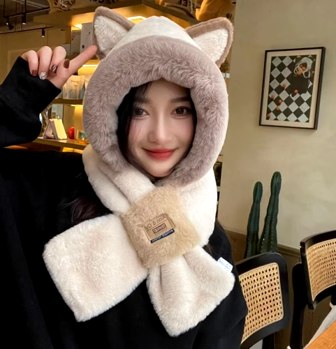 Adorable Cat Ear Hooded Scarf – Plush Winter Hat with Scarf for Women