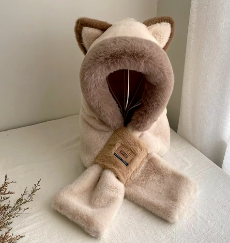 Adorable Cat Ear Hooded Scarf – Plush Winter Hat with Scarf for Women