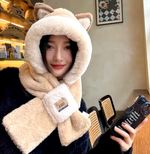 Adorable Cat Ear Hooded Scarf – Plush Winter Hat with Scarf for Women