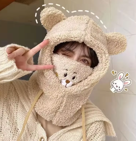 Adorable Teddy Bear Hooded Scarf for Kids – Warm Fleece Hat with Ear Design