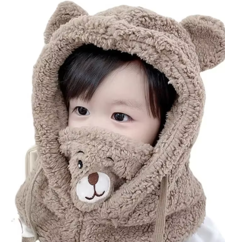 Adorable Teddy Bear Hooded Scarf for Kids – Warm Fleece Hat with Ear Design