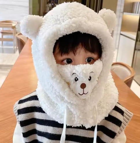 Adorable Teddy Bear Hooded Scarf for Kids – Warm Fleece Hat with Ear Design