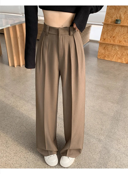 Women's High-Waisted Wide-Leg Pleated Trousers with Belt