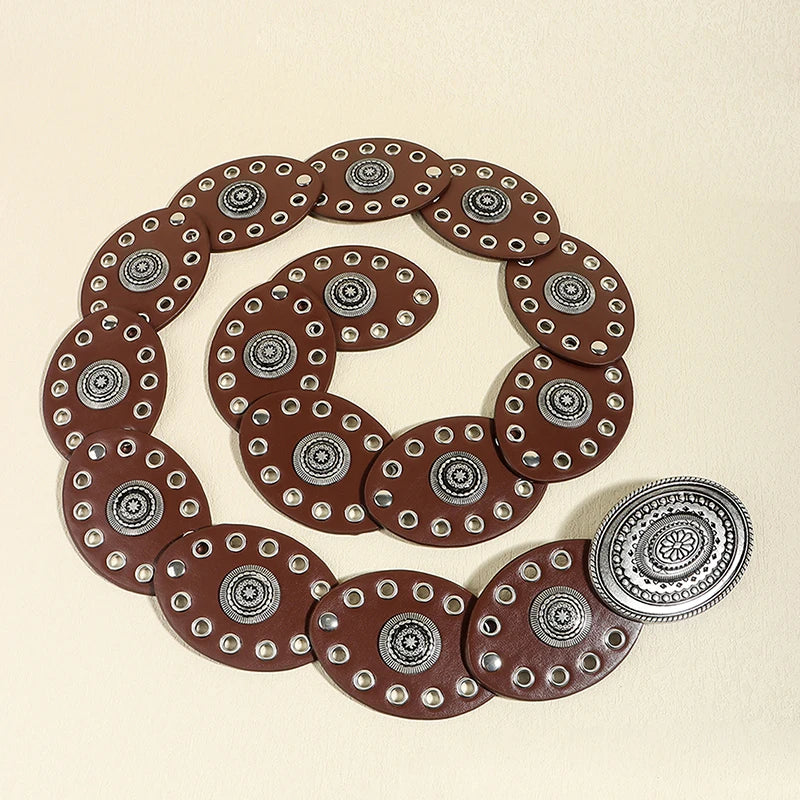 Women's Boho Circular Grommet Belt with Engraved Medallion Buckle