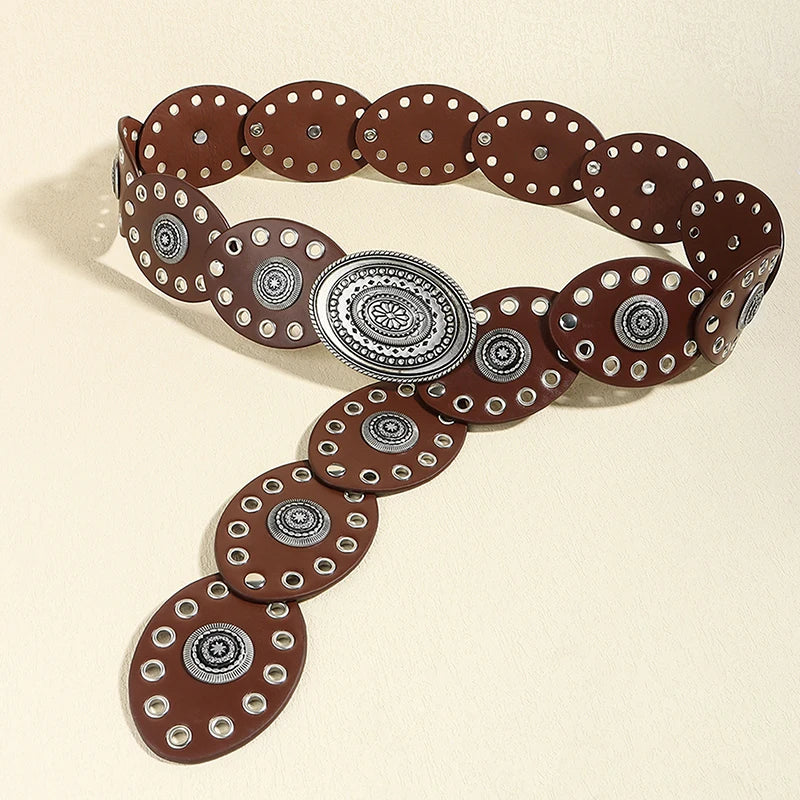 Women's Boho Circular Grommet Belt with Engraved Medallion Buckle