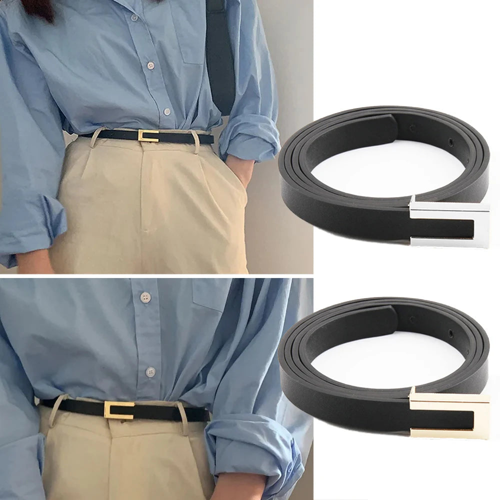 Women's Slim Leather Belt with Modern Rectangular Buckle - Waist Strap