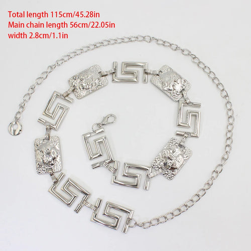 Women's Greek Key Lion Head Chain Belt – Luxurious Metal Waist Belt