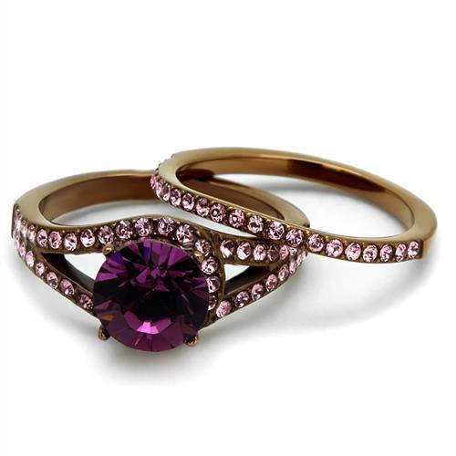 Women's Black Gold-Plated Purple and Pink Crystal Ring Set