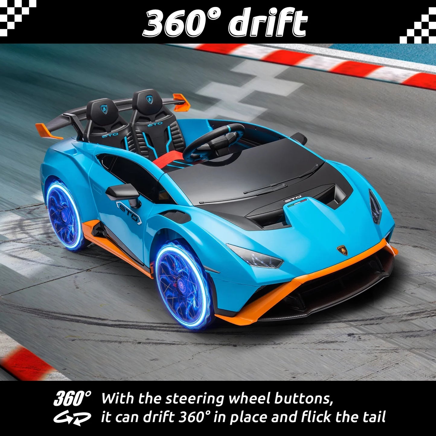24V Kids Ride on Car, Licensed Lamborghini STO Electric Car for Boys Girls, 2-Seater Ride on Drift Car with Remote Control, Music, 360° Spin, Max Speed 6Mph, Green